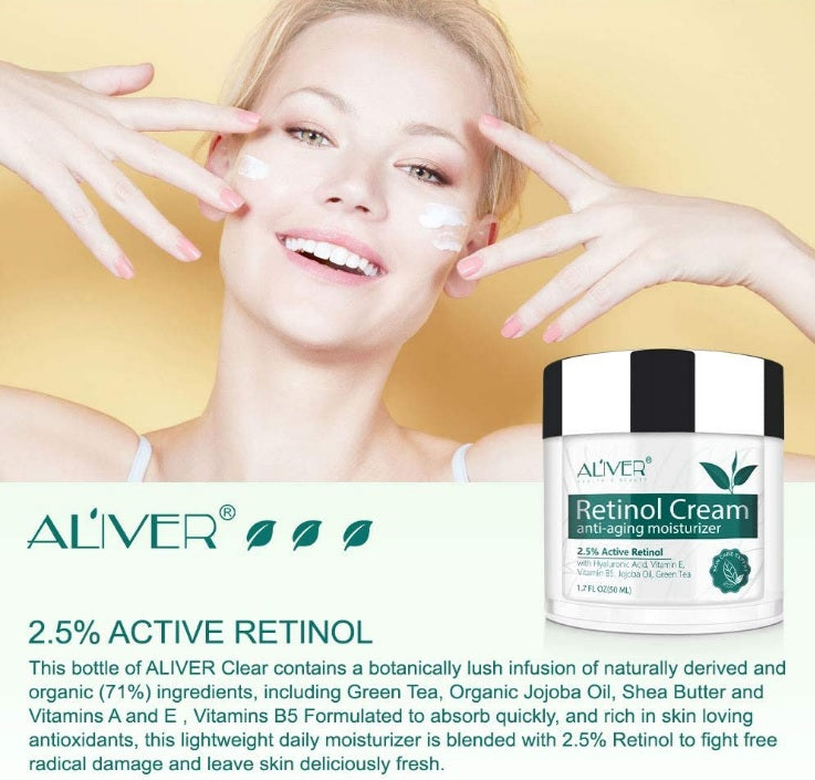 Aliver Retinol Day & Night Cream for Face, Neck & Décolleté with 2.5% Active Retinol + Hyaluronic Acid, Aloe & Green Tea