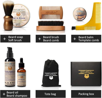 8pcs Complete Men's Beard Care Set Comes With Shampoo, Balm, Oil ,Brush, Comb Gift Kit Grooming Shaving Set - Great Gift Idea!